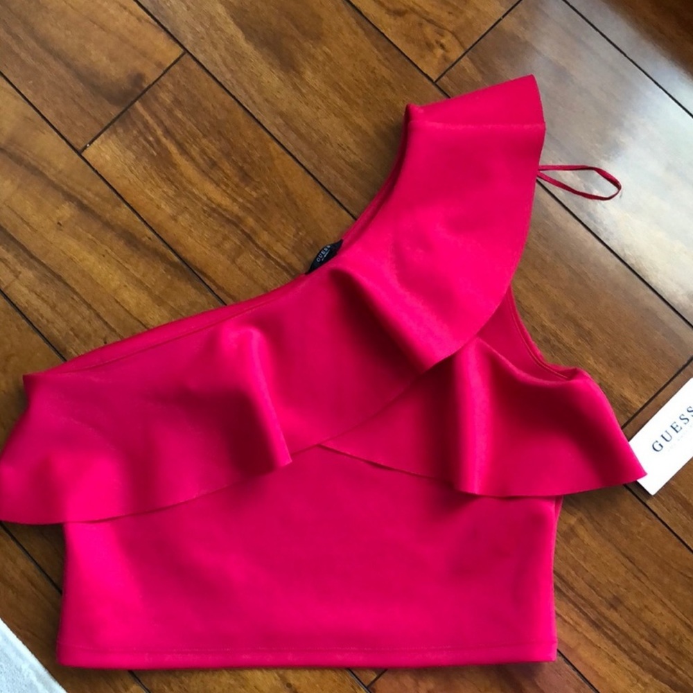 Guess Vibrant Pink Ruffle One-Shoulder Top